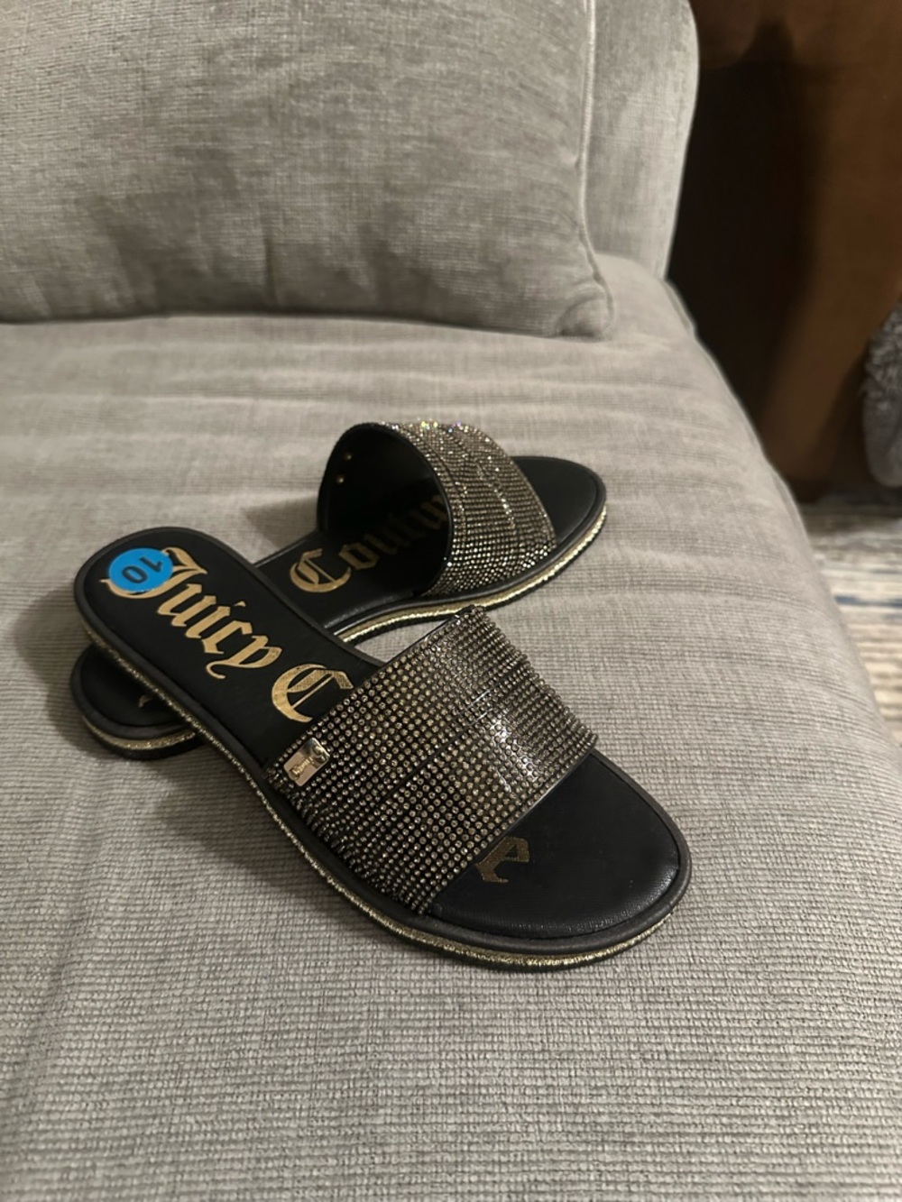 Juicy Couture Black and Gold Rhinestone Slide Sandals